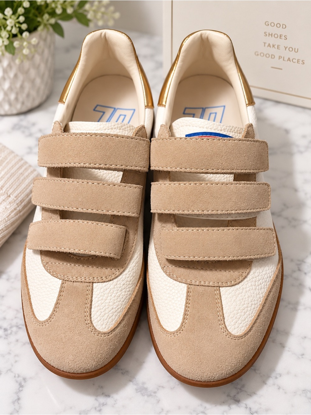 Back 70 Mias Sneaker - White and Tan Women's Velcro Trainer